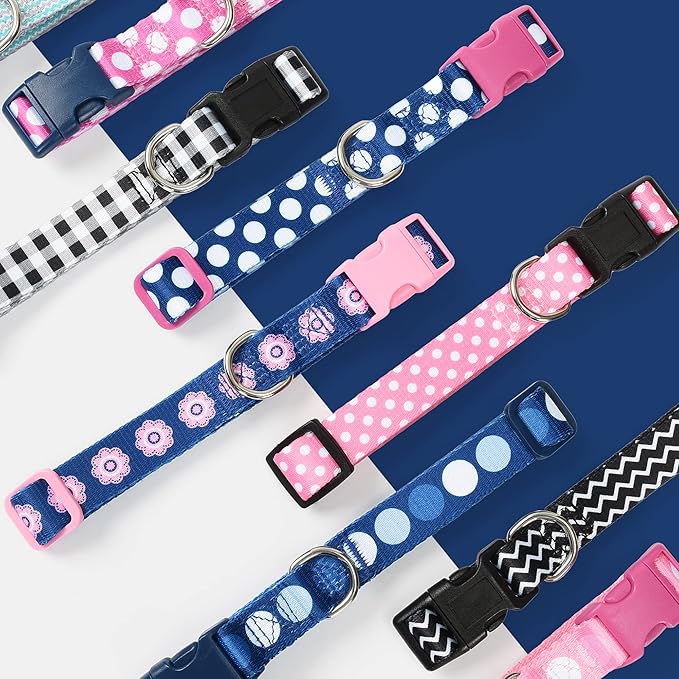 Mile High Life Dog Collar | Cute Puppy Collars | Lightweight Girl Dog Collar | Soft Boy Dog Collars | w Geometric Plaid Wave Line Pattern (White Dots, Small)