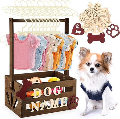 20" x 13" x 9" Wooden Pet Wardrobe Closet Crate Box with Hanging Rods and Personalized Pet Alphabet Letters Easy Assembly Baskets for Dog Cat Toys Clothes Accessories(Dark Walnut)