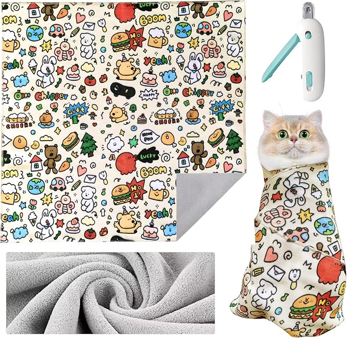 Cat Wrap for Grooming, Self-Adhesive Cat Swaddle Wrap with Nail Clipper, Soft Calming Pet Blanket Anti-Escape Grooming Bag for Cats and Dogs Up to 11lbs (Animal 1)
