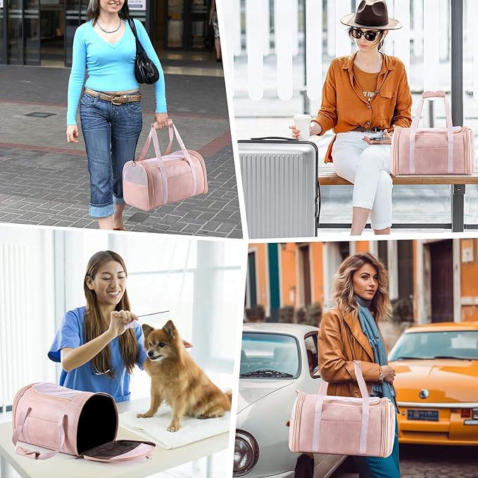 Fashion Leather Dog Carrier Cat Carrier Airline Approved Pet Carrier for Small Medium Dogs Cats Under 15Lbs, Collapsible Soft Sided Travel Puppy Carrier Pink
