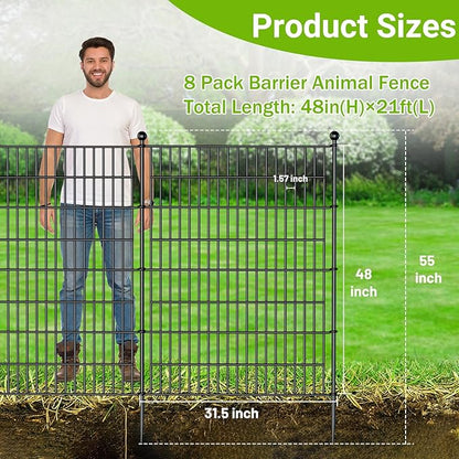 8 Panels No Dig Decorative Outdoor Garden Fence for Yard, 48 in(H) X 21 ft(L) Animal Barrier Fencing Rustproof Metal Wire Panel Border for Dog, Rabbits, and Patio Temporary Ground Stakes