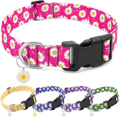 BiPawTi Floral Dog Collars for Medium Dog - Soft Cute Dog Collars for Girls Dog Pretty Flower Collar with Daisies Charms, Gift for Female Male Boys Girls Dogs (M, Pink)