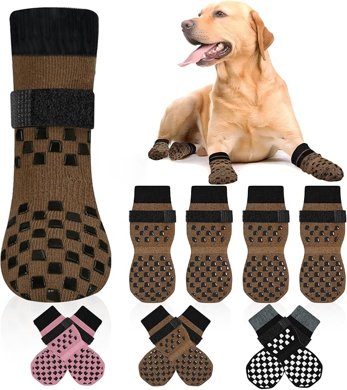 Non Slip Dog Socks to Prevent Licking Paws Grippy Socks for Senior Dog on Hardwood Floors Anti Slip Dog Socks for Hot Pavement Double Side Paw Protector Prevent Scratching Brown XS