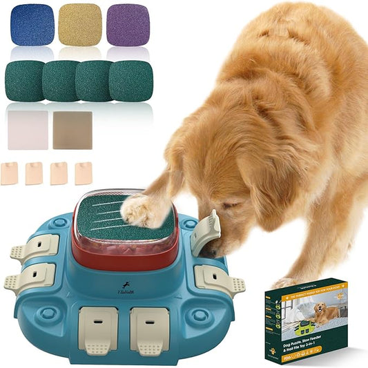 Dog Scratch Board, 3-in-1 Puzzle Toy & Dog Nail File, Enrichment Toys with Treat Dispenser, Scratch Pad for Nails with 8 Sandpapers & Anti-Slip Mat for All Floors, Blue