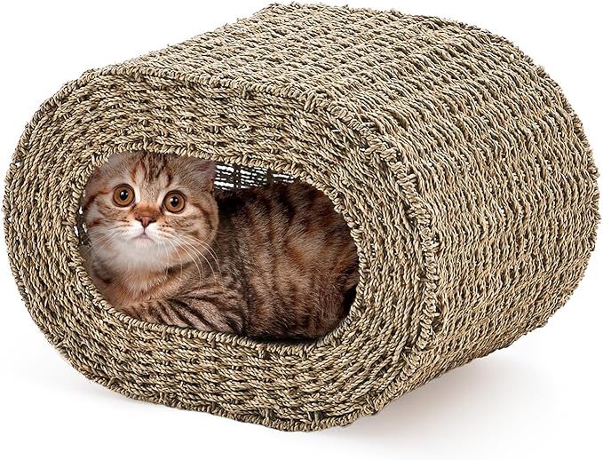 Cat House,Handwoven Cat Cave Pet Cube, Natural Cat Beds Indoor Kitten House with Double-Sided Soft Cushions, Pet Cat House for Multiple Cats, for Living Room Bedroom