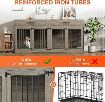 Rophefx 72" Dog Crate Furniture for 2 Dogs, Large Double Dog Kennel Indoor Furniture with 2 Storage Drawers and Removable Divider, Wooden Dog Cage with 4 Bowls, Dog House TV Stand for Medium Dog, Grey