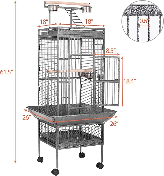 HSM 62 Inch Wrought Iron Large Bird Flight Cage with Rolling Stand for African Grey Parrot Cockatiel Sun Parakeet Conure Lovebird Canary
