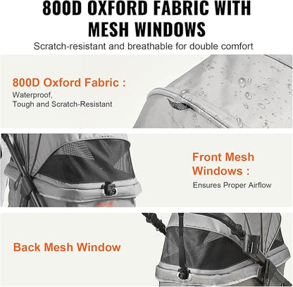 VEVOR Large Pet Stroller for Dogs Cats up to 75lbs, 3 Wheels Folding Cat Dog Stroller, Portable Pet Jogging Stroller with Storage Basket, Adjutable Handle Height and Zipperless Canopy