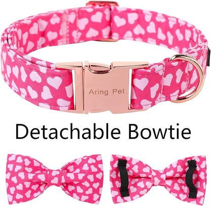 ARING PET Valentine's Day Dog Collar-Cotton Pink Heart Dog Collar with Bow, Adjustable Valentine Bowtie Dog Collars Pet Necklace with Metal Buckle for Girl&Boy Dogs