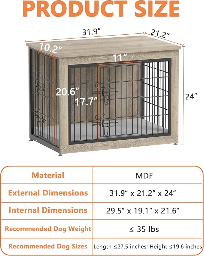Piskyet Dog Crate Furniture with Cushion,Heavy-Duty Reinforced Metal Mesh,32" Wooden Dog Crate End Table with Double Doors,Indoor Dog Kennel,Dog Cage Side Table for Medium Breed,Grey