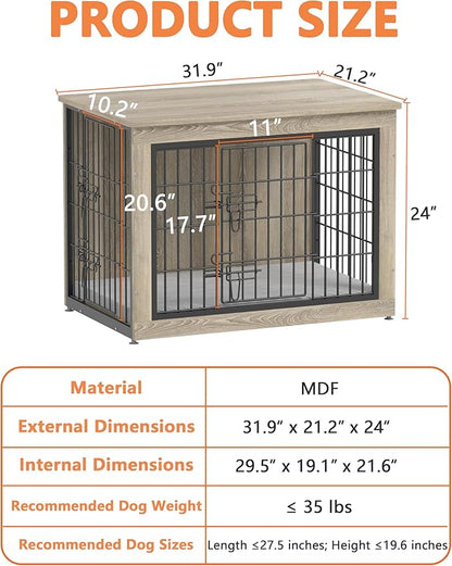 Piskyet Dog Crate Furniture with Cushion,Heavy-Duty Reinforced Metal Mesh,32" Wooden Dog Crate End Table with Double Doors,Indoor Dog Kennel,Dog Cage Side Table for Medium Breed,Grey