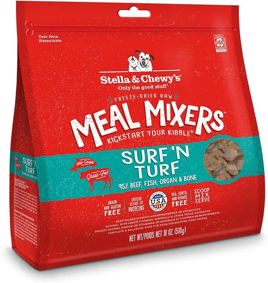 Stella & Chewy's Freeze Dried Raw Surf & Turf Meal Mixer  Dog Food Topper for Small & Large Breeds  Grain Free, Protein Rich Recipe  18 oz Bag