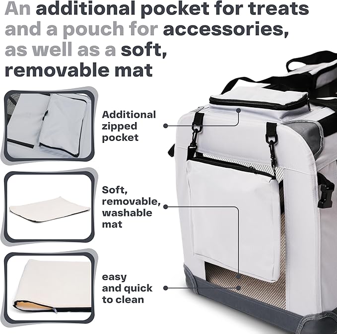 Folding Medium Dog Carrier (23,6"*16,5"*17,3") Pet Carrier, Soft Dog Crate with 3 Durable Tear-Resistant Mesh Window, Soft Pad and Bag for Supplies, Travel Crate Kennel for Pets (Gray)