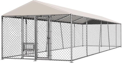 10 x 20FT Large Outdoor Dog Kennel with Bowls, Dog Kennel Outside with Waterproof Cover Roof, Galvanized Heavy Duty Chain Link Dog Runs Cage Playpen for Outside with Secure Lock
