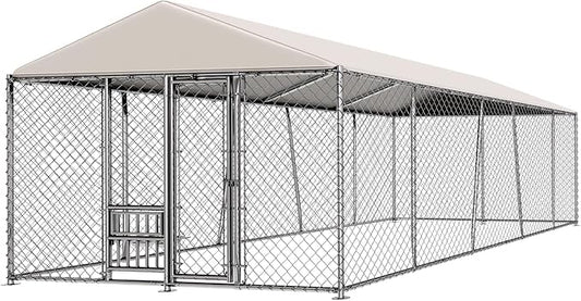 10 x 20FT Large Outdoor Dog Kennel with Bowls, Dog Kennel Outside with Waterproof Cover Roof, Galvanized Heavy Duty Chain Link Dog Runs Cage Playpen for Outside with Secure Lock