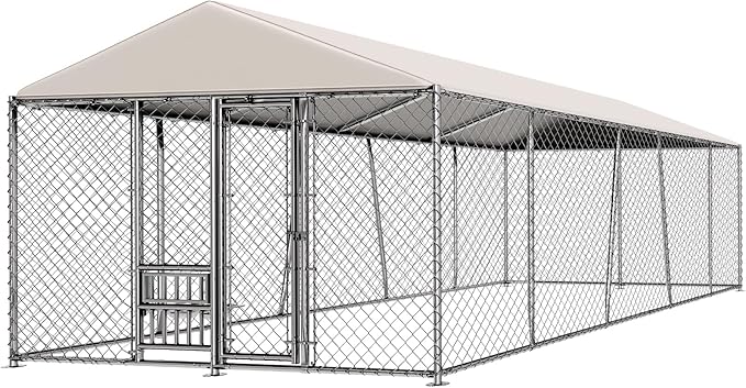 10 x 20FT Large Outdoor Dog Kennel with Bowls, Dog Kennel Outside with Waterproof Cover Roof, Galvanized Heavy Duty Chain Link Dog Runs Cage Playpen for Outside with Secure Lock