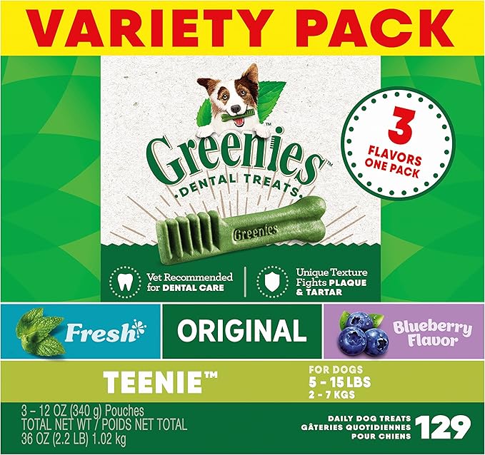 Greenies Teenie Dental Dog Treats 3-Flavor Variety Pack, (3) 12 oz. Pouches, 129 Total Treats