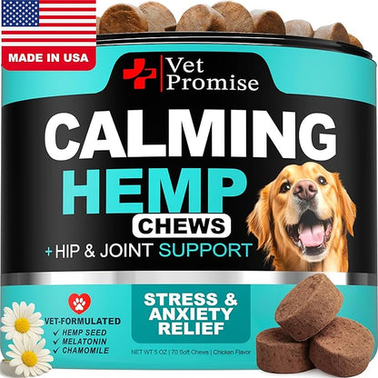 Advanced Calming Chews for Dogs - Hemp Dog Calming Chews - Anxiety Relief with Melatonin - Stress & Separation Anxiety - Sleep Aid + Hip and Joint Supplement Support - Made in USA - 70 Treats