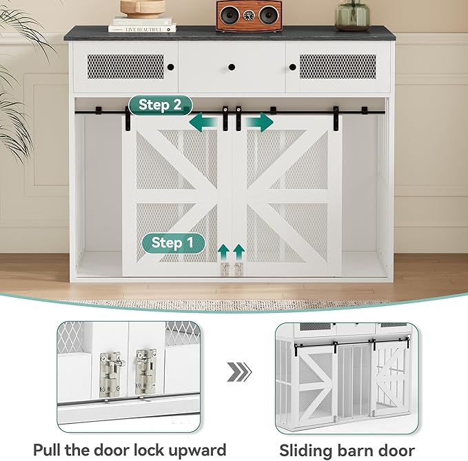 YITAHOME 48" Wooden Dog Crate Furniture with Removable Divider, Large Dog Kennel with Drawers, Double Doors & Locks Design, Dog Crate Furniture TV Stand for Medium Large Dogs