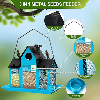 Solar Bird Feeders House for Outdoors Hanging, 7LBS Large Capacity Metal Wild Bird Feeder Squirrel Proof for Outside with Water Cup, Cardinal Birdfeeder Birdhouses Gift for Bird Lovers (Blue)