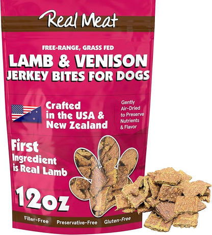 Real Meat Dog Treats - 12oz Bag of Bite-Sized Air-Dried Lamb & Venison Jerky for Dogs - Grain-Free Jerky Dog Treats with 95% Human-Grade, Free-Range, Grass Fed Lamb & Venison - All-Natural Dog Treats