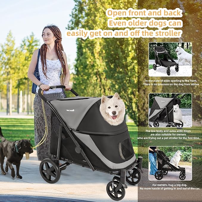 Dog Stroller for Medium/Large Dogs One-Click Folding 4 Wheel Pet Stroller Foldable Dog Stroller for 2 Dogs Jogger Stroller with Storage Pocket Suitable for Pets Up to 110LBS (Black&Grey)