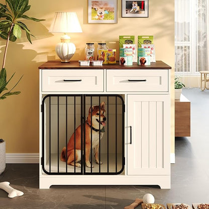 Ball & Cast 37.4" 2-in-1 Dog Crate Furniture,Modern Indoor Kennel with 2 Drawers&Storage Shelves,Double Doors&Double Locks Design for 26-40 lbs Dogs,Living Room,Kitchen,Entryway Side Table,White