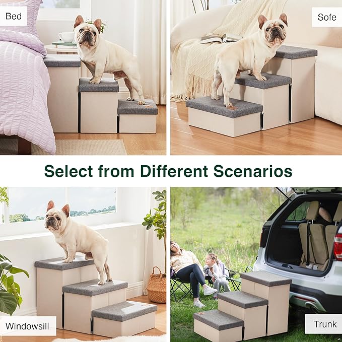 Love's cabin Dog Stairs for High Bed 18"H,Foldable Pet Stairs for Small Medium or Large Dogs Puppy with Storage for Bed or Couch, Cat Dog Steps Ramp with Zip up to 210 lbs(Light Grey,3 Steps no Condo)