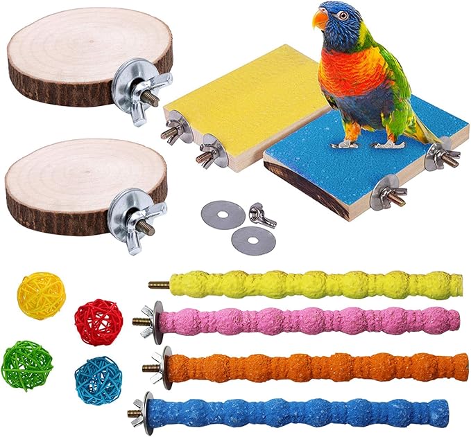 Hamiledyi Bird Perch Stand, 12PCS Wood Parrot Perch Stand Platform, Paw Grinding Rough-surfaced Parakeet Cage Accessories Exercise Toy for Budgies Conure Cockatiel Hamster (Random Color)