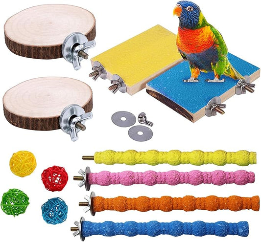 Hamiledyi Bird Perch Stand, 12PCS Wood Parrot Perch Stand Platform, Paw Grinding Rough-surfaced Parakeet Cage Accessories Exercise Toy for Budgies Conure Cockatiel Hamster (Random Color)