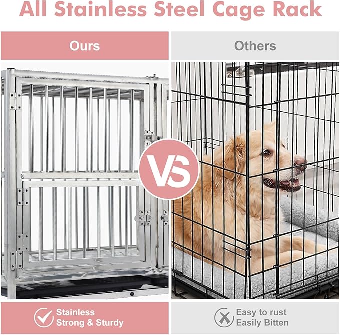 48"(Update) Heavy Duty Dog Crate Cage Kennel with Wheels, Full Stainless Steel High Anxiety Indestructible Dog Crate, Sturdy Locks Design, Double Door Small Door Design & Removable Tray Design