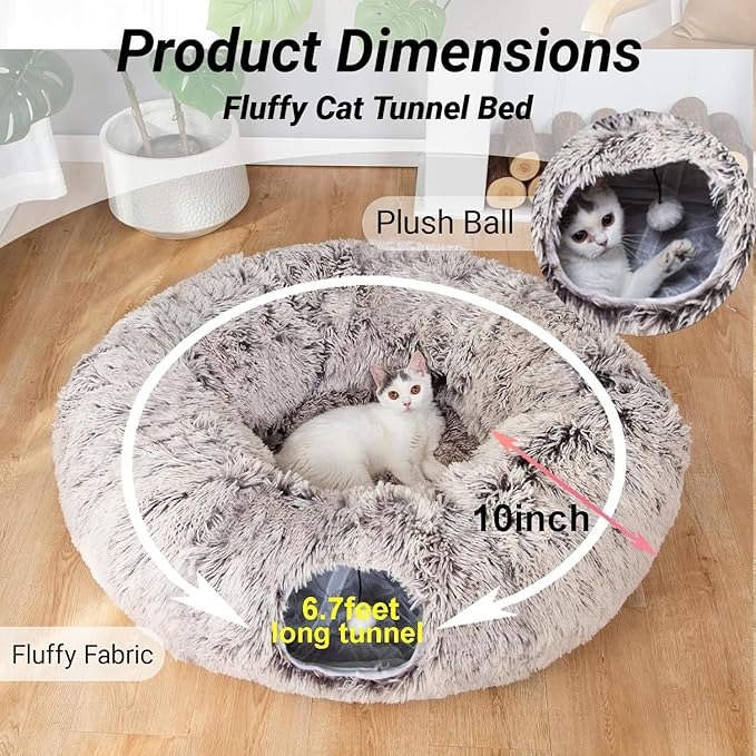 LUCKITTY Warm Fluffy Plush Cat Tunnel Bed Under Christmas Tree Big Tube Playground Toys 3 FT Diameter Longer Crinkle Collapsible 3 Way, for Indoor Cat Kitty Kitten Puppy Rabbit Ferret Brown