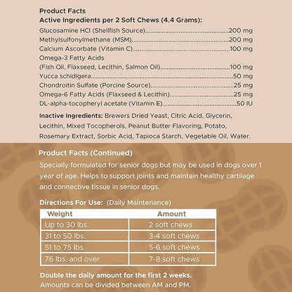 Glucosamine for Dogs Hip and Joint Supplement - 120 Soft Chews for Senior Dogs with Glucosamine, Chondroitin, MSM, and Omegas - for Mobility, Cartilage, and Joint Health - Peanut Butter Flavor