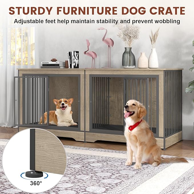 75 Inch Double Dog Crate Furniture for 2 Large Dogs with 2 Trays and Divider, 3-in-1 Grey Large Double Dog Kennel TV Stand with Adjustable Feet