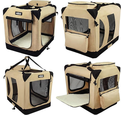EliteField 3-Door Folding Soft Dog Crate with Carrying Bag and Fleece Bed (2 Year Warranty), Indoor & Outdoor Pet Home (42" L x 28" W x 32" H, Beige)