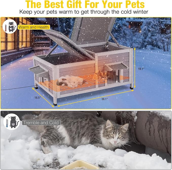 Aivituvin Heated Cat House for Outside Outdoor Cat House Weatherproof Insulated Feral Cat Shelter with Heater and Insulated Liner