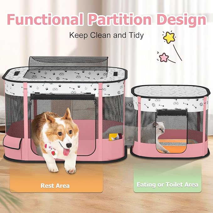 Portable Cat Playpen with litter box area, Foldable Pet Dog Playpen, for Kitten Puppy Play Pen Indoor/Outdoor, Cats Enclosure Cages Tent with Carrying Case, 600D Oxford 8-Rods, 32"x24"x22", Pink