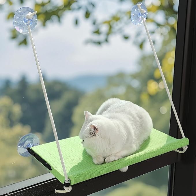 Cat Window Perch for Large Cats,Foldable Hammock with 4 Heavy Duty Suction Cups,Solid Metal Frame,Scratchable Felt Feline Bed for Sunbathing,Napping & Overlooking(Green)