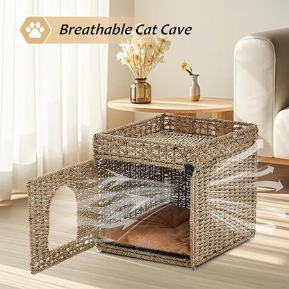 Pet Cat House, Handwoven Seagrass Cat Cave Pet Cube, Cat Beds Indoor Cat Hideaway with Double-Sided Soft Cushions Foldable for Multi Small Pet in Living Room Bedroom