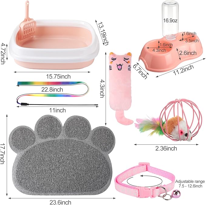 7 Pcs Small Cat Kitten Starter Kit Cat Litter Box with Shovel Paw Litter Mat Double Automatic Kitten Bowls Toy Teaser Stick Collar Essentials Kits for 1-3 Lbs Beginner(Stylish,Light Pink)