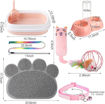 7 Pcs Small Cat Kitten Starter Kit Cat Litter Box with Shovel Paw Litter Mat Double Automatic Kitten Bowls Toy Teaser Stick Collar Essentials Kits for 1-3 Lbs Beginner(Stylish,Light Pink)