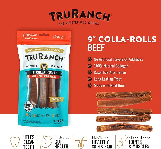 TRURANCH Collagen Rolls - 9" Collagen Rolls for Dogs - Long Lasting Healthy Joint Support - Rawhide Alternative - Skin & Coat Health - Made with Real Beef, Value Pack, 3 Bags, 9 Count