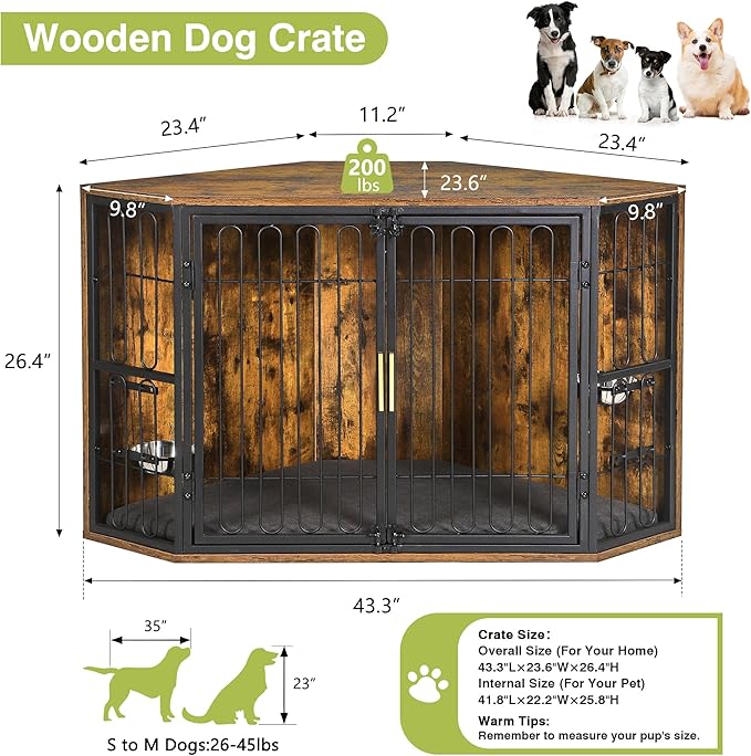 VECELO Corner Dog Crate Furniture, 43.3" Indoor Dog Kennel Indoor with Cushion & 2 Removable Trays, Wooden Dog Cage Decorative Pet House End Table for Large/Medium Dogs,Brown
