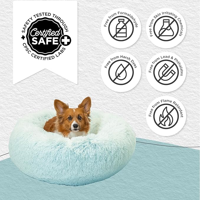 Best Friends by Sheri Original Calming Donut Dog and Cat Bed, Shag Faux Fur, Baby Blue, (30in x 30in) - Anxiety Relief for Pets Up to 45 lbs