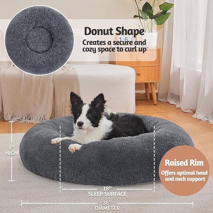 OhGeni Calming Donut Dog Bed Pillow, Machine Washable Plush Waterproof Zipper Cover, Anti-Slip Round Comfort Pet Bed, Pillow Design Cozy Warming Fluffy Fur Bed for Medium Large Dogs, Gray, 36 inches