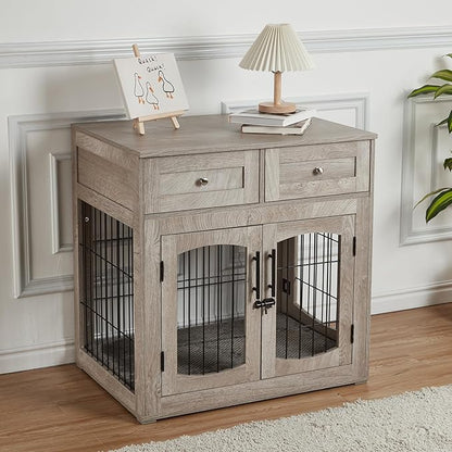 Dog Crate Furniture with Double Drawers, Wooden End Table Dog Kennel, Furniture Style Wood House Crate for Small/Medium/Large Dogs, Decorative Dog Crate with Storage for Large Breed, 32 Inch,Gray