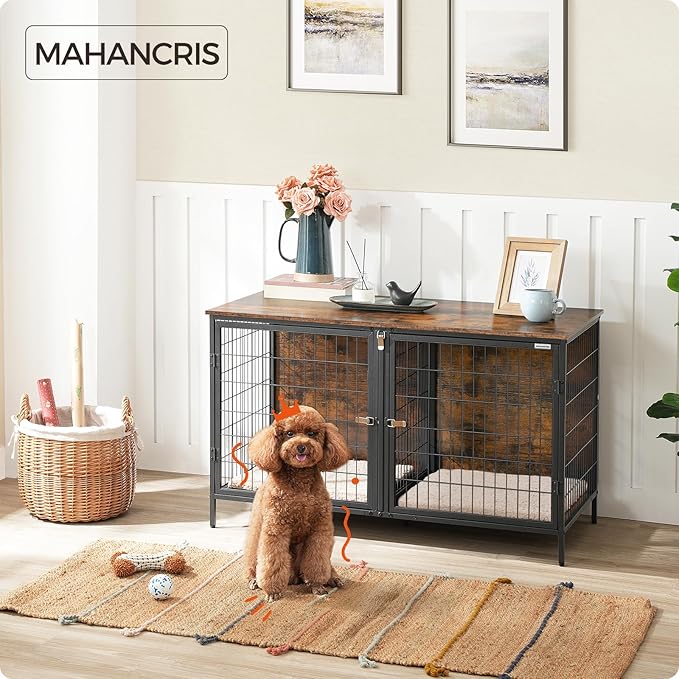 Dog Crate Furniture for 2 Dogs, 43.3" Dog Kennel with Removable Divider, Heavy Sturdy Dog Furniture Style Double Cage for Small Medium Dog, Indoor Pet House End Table, Rustic Brown DCHR1201