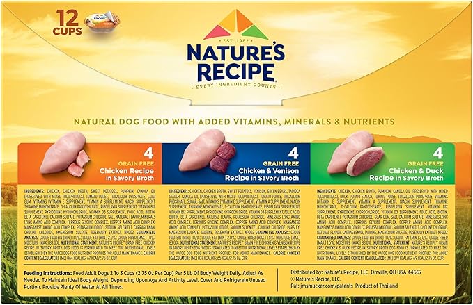 Nature_ Recipe Grain Free Chicken Recipe, Chicken & Venison Recipe and Chicken & Duck Recipe in Savory Broth Variety Pack Wet Dog Food, 12-2.75 oz. Cups, 2 Count