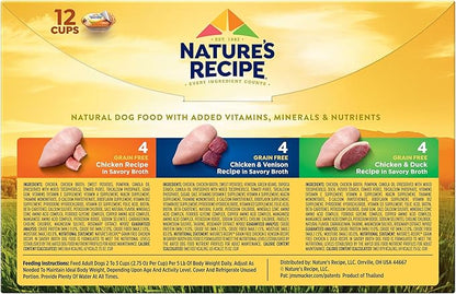 Nature_ Recipe Grain Free Chicken Recipe, Chicken & Venison Recipe and Chicken & Duck Recipe in Savory Broth Variety Pack Wet Dog Food, 12-2.75 oz. Cups, 2 Count