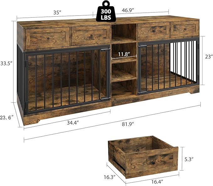 82 Double Dog Crate Furniture, Large Dog Kennel Indoor for 2 Dogs, Heavy Duty Wooden Dog Crate TV Stand with 4 Drawers and Shelves, Brown